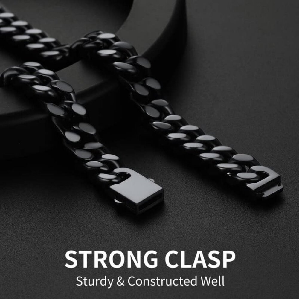 Men's 12mm Width Steel 18K Gold Plated Black Durable Hip Hop Cuban Chain Jewelry - Picture 3 of 7